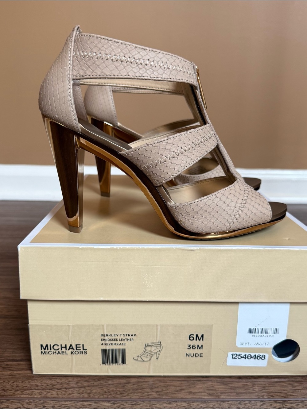 Michael Kors Berkley Strappy Snakeskin T-Strap High Heel Sandals - Picture 12 of 13
